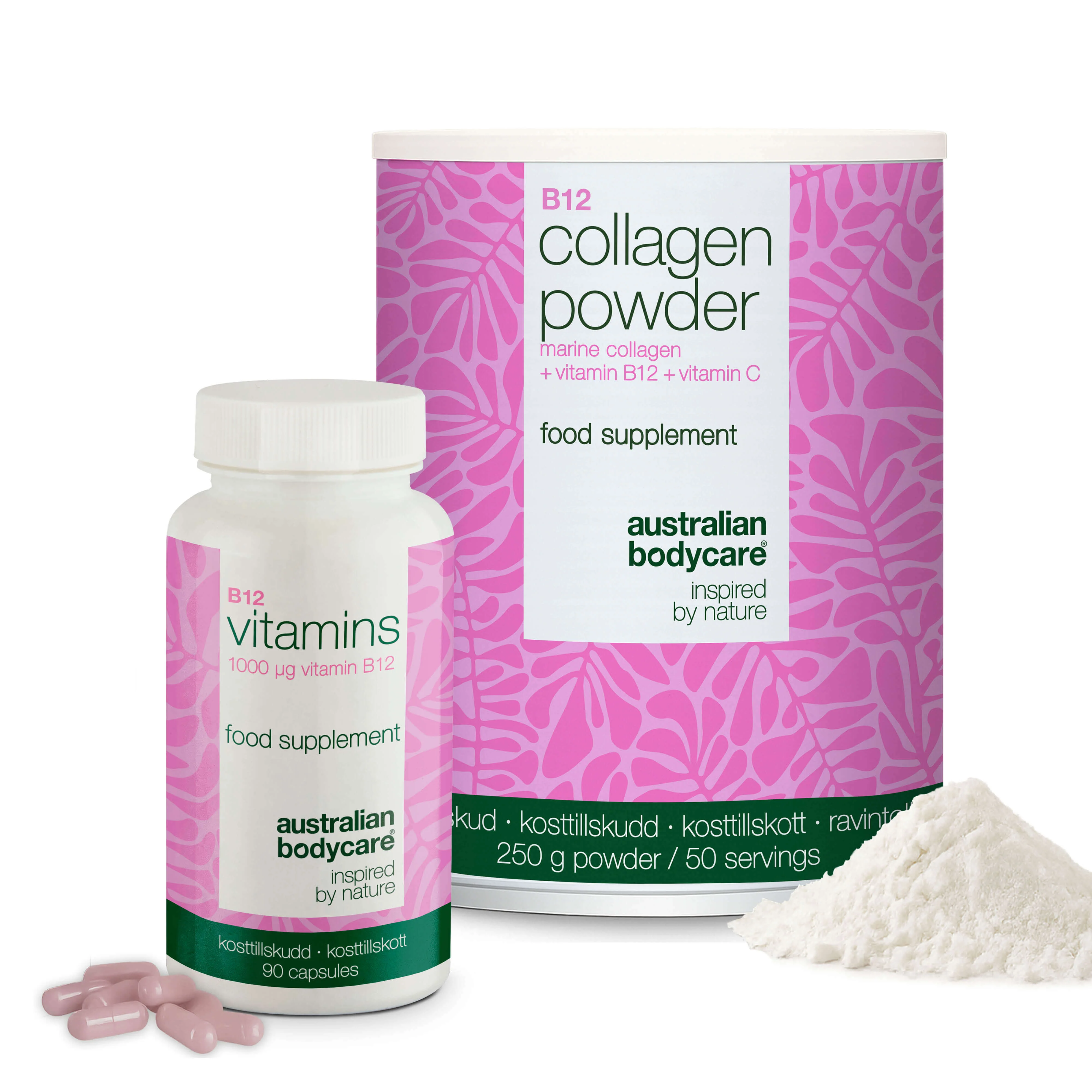 Collagen & Vitamin B12 Bundle – 250 g Collagen Powder + 90 B12 Capsules — Daily routine with marine collagen, Vitamin C for normal collagen formation in the skin and high-dose Vitamin B12 (1000 µg).