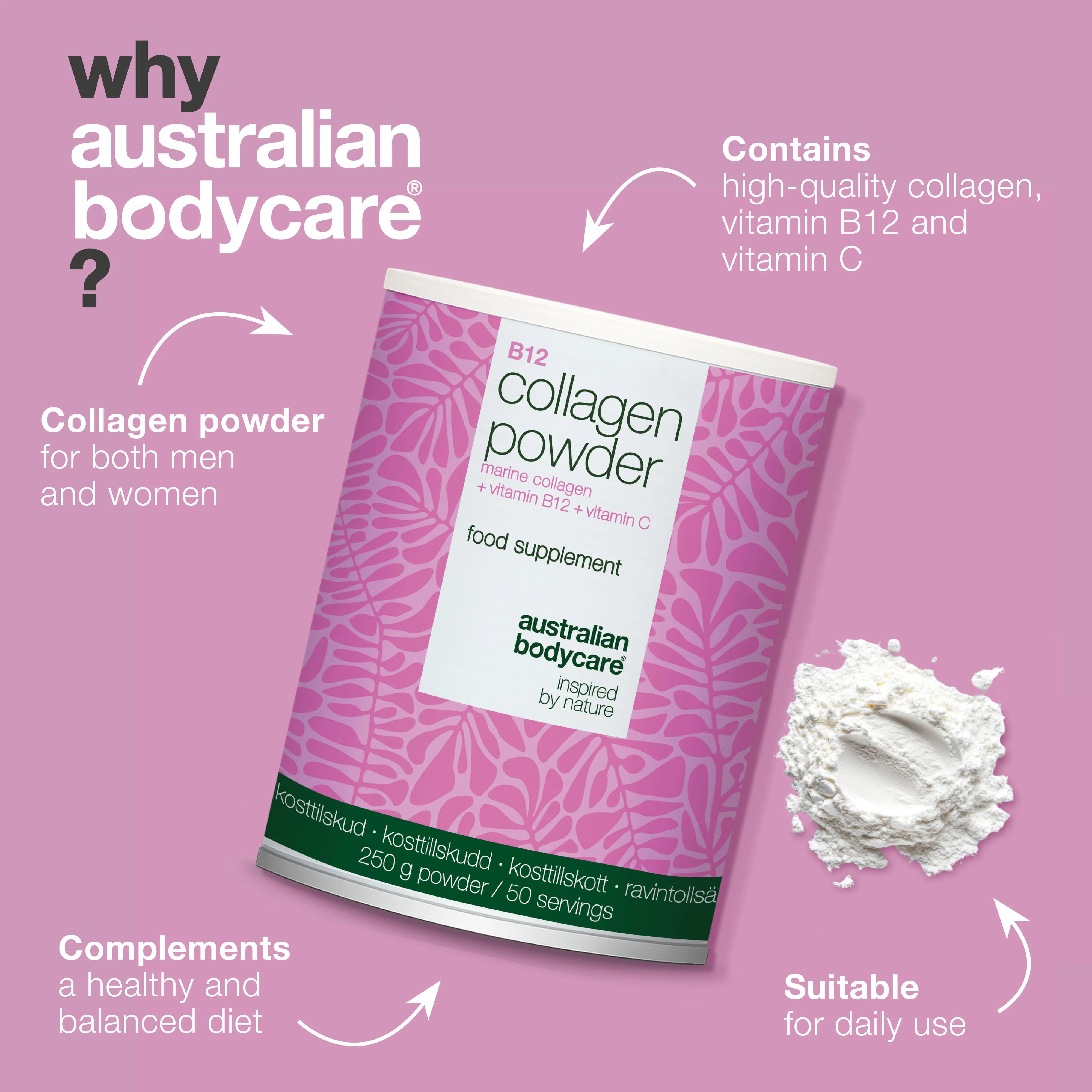 Collagen Powder with Vitamin C & B12 – 250g Marine — Collagen powder for daily use in food and drinks. With marine collagen, vitamin C, and B12. - Image 4