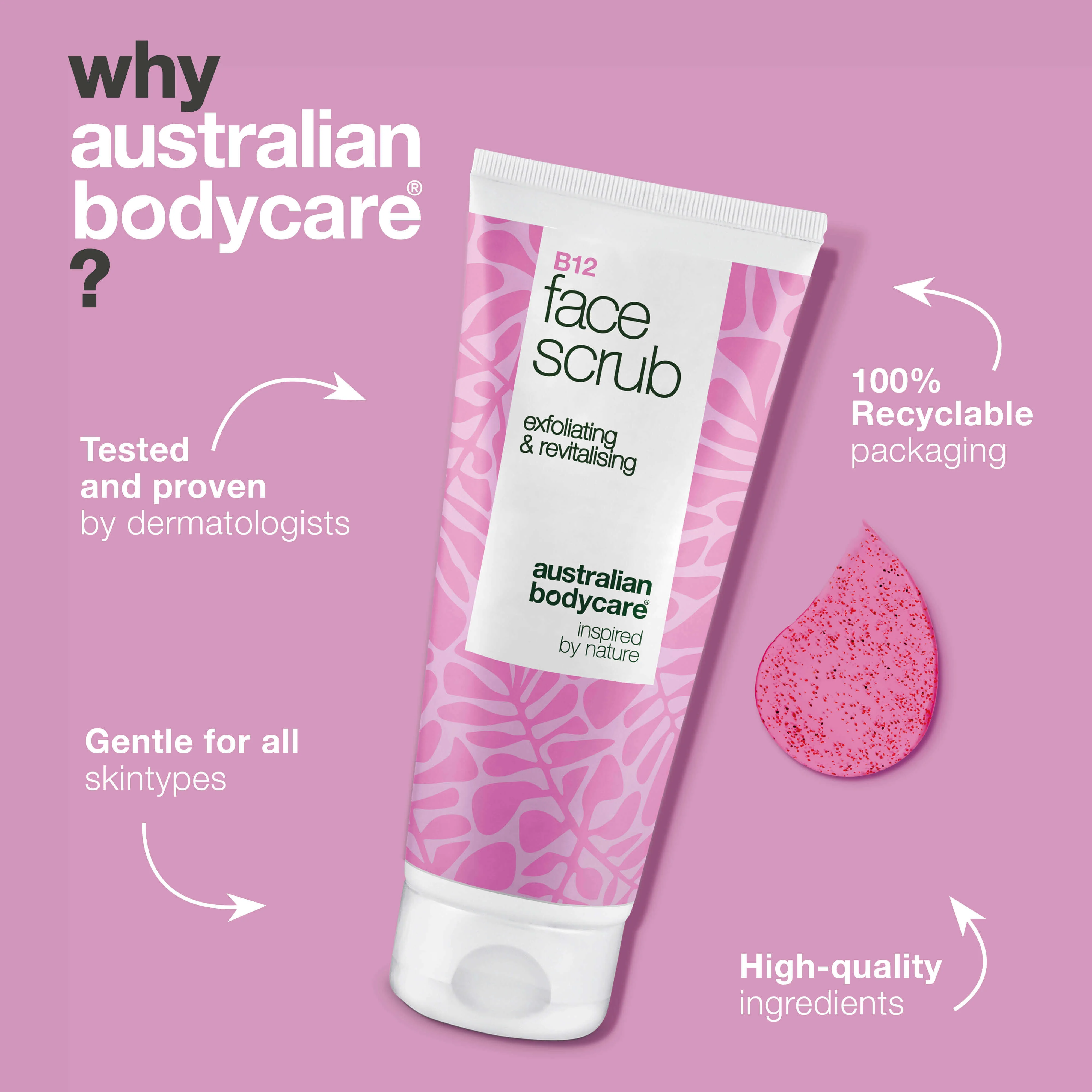 Face Scrub for dull skin – exfoliates with B12 and AHA — Face scrub for dull, tired skin. With B12 vitamin, glycolic acid and apricot seed to exfoliate and restore glow and smoothness. - Image 4
